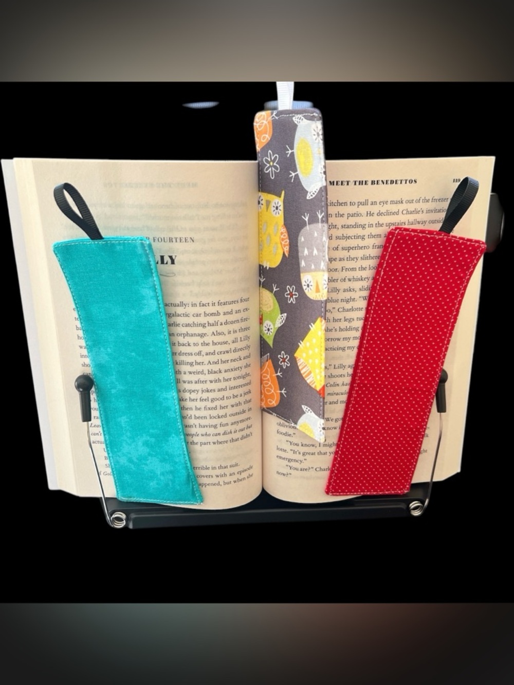 Handmade Fabric Bookmark Trio - Teal, Multicolor Owl, Red